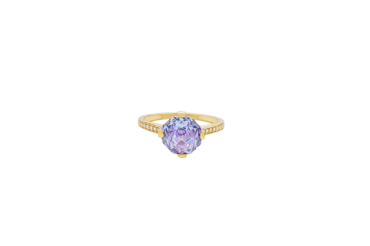 14KT Gold Ring Women's Octagon Rose Mini Four Prong Light Purple CZ Center Stone with Round White Pave CZ Stone Band