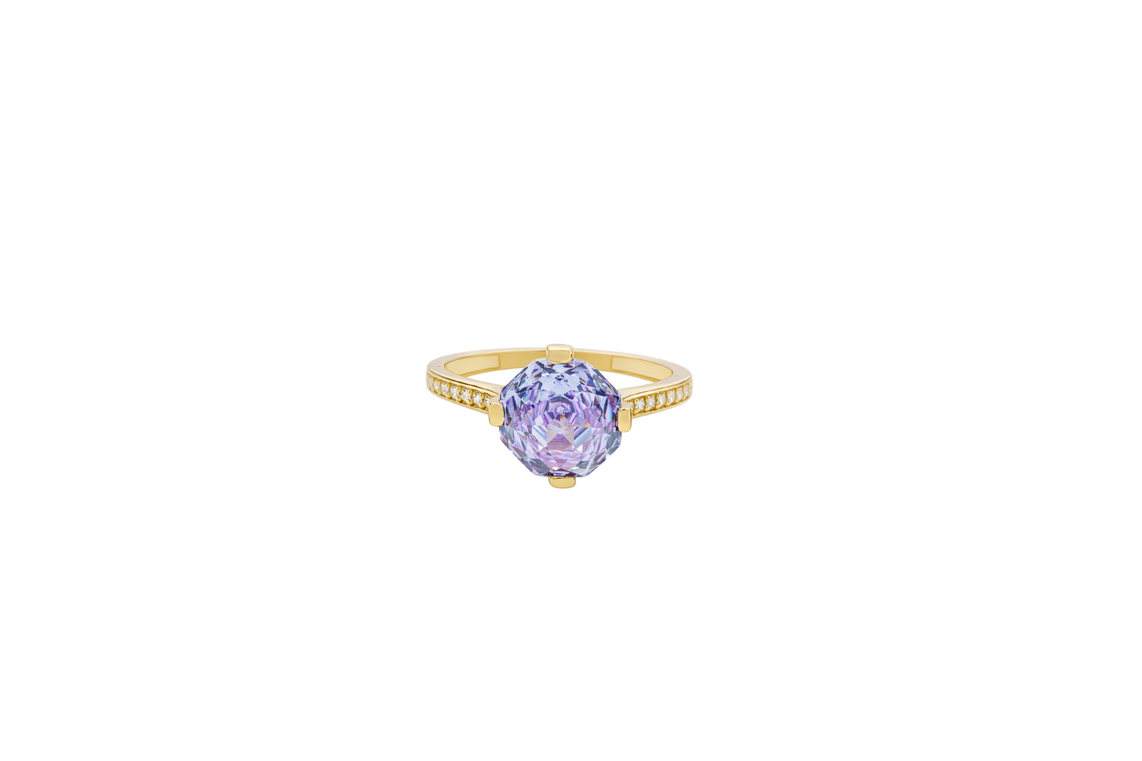 14KT Gold Ring Women's Octagon Rose Mini Four Prong Light Purple CZ Center Stone with Round White Pave CZ Stone Band