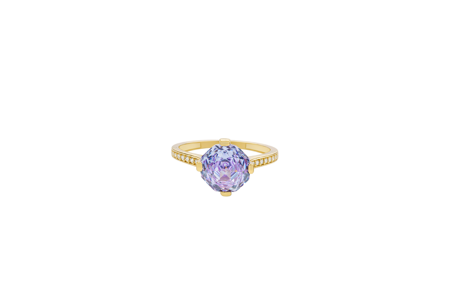 14KT Gold Ring Women's Octagon Rose Mini Four Prong Light Purple CZ Center Stone with Round White Pave CZ Stone Band