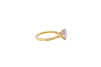 14KT Gold Ring Women's Octagon Rose Mini Four Prong Light Purple CZ Center Stone with Round White Pave CZ Stone Band