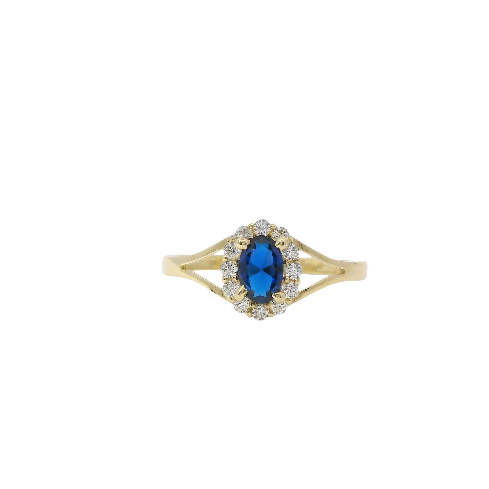 14KT Women's Gold Ring Mini Oval Navy Blue Center CZ Stone with Round White CZ Stones Border and Plain Split Band