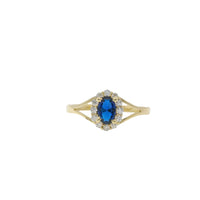 14KT Women's Gold Ring Mini Oval Navy Blue Center CZ Stone with Round White CZ Stones Border and Plain Split Band