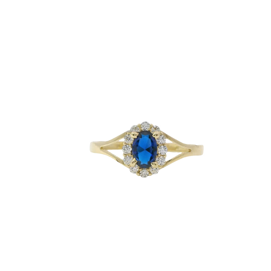 14KT Women's Gold Ring Mini Oval Navy Blue Center CZ Stone with Round White CZ Stones Border and Plain Split Band