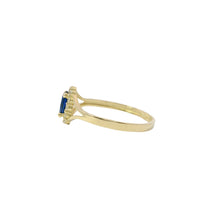 14KT Women's Gold Ring Mini Oval Navy Blue Center CZ Stone with Round White CZ Stones Border and Plain Split Band