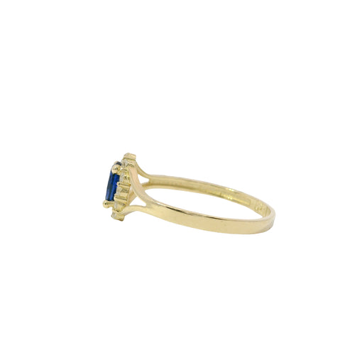 14KT Women's Gold Ring Mini Oval Navy Blue Center CZ Stone with Round White CZ Stones Border and Plain Split Band