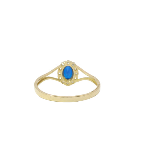 14KT Women's Gold Ring Mini Oval Navy Blue Center CZ Stone with Round White CZ Stones Border and Plain Split Band
