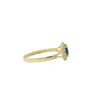 14KT Women's Gold Ring Mini Oval Navy Blue Center CZ Stone with Round White CZ Stones Border and Plain Split Band