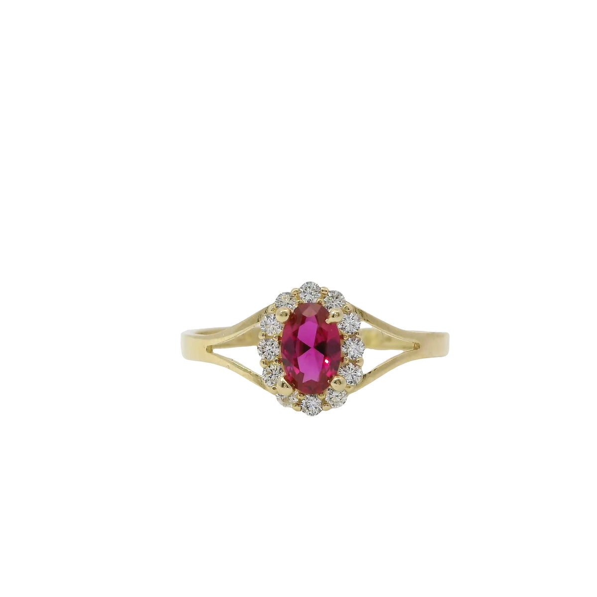 14KT Gold Ring Women's Mini Oval Red Center CZ Stone with Round White CZ Stones Border and Plain Split Band