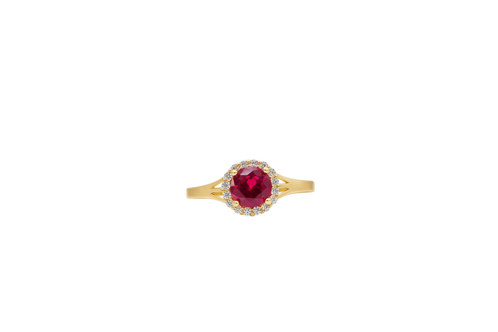 14KT Gold Ring Women's Mini Round Red Center CZ Stone with Round White CZ Stones Border and Mini Plain Double Split Band