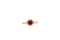 14KT Gold Ring Women's Mini Round Red Center CZ Stone with Round White CZ Stones Border and Mini Plain Double Split Band