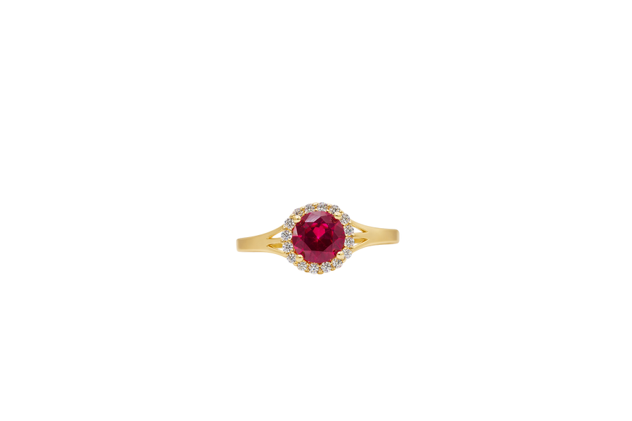 14KT Gold Ring Women's Mini Round Red Center CZ Stone with Round White CZ Stones Border and Mini Plain Double Split Band