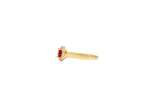 14KT Gold Ring Women's Mini Round Red Center CZ Stone with Round White CZ Stones Border and Mini Plain Double Split Band