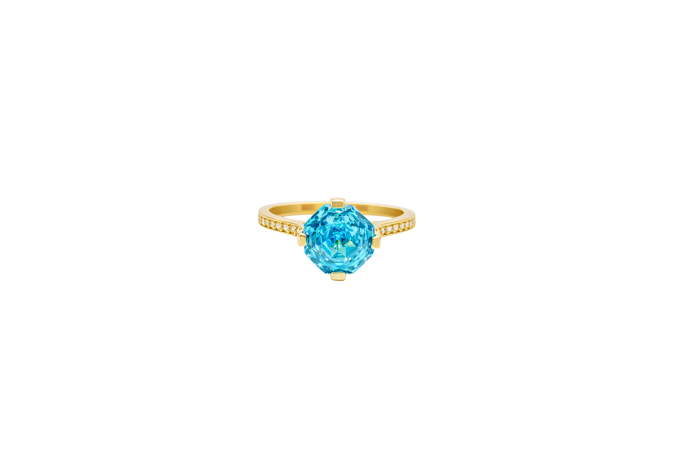 14KT Gold Ring Women's Octagon Rose Mini Four Prong Turquoise CZ Center Stone with Round White Pave CZ Stone Band
