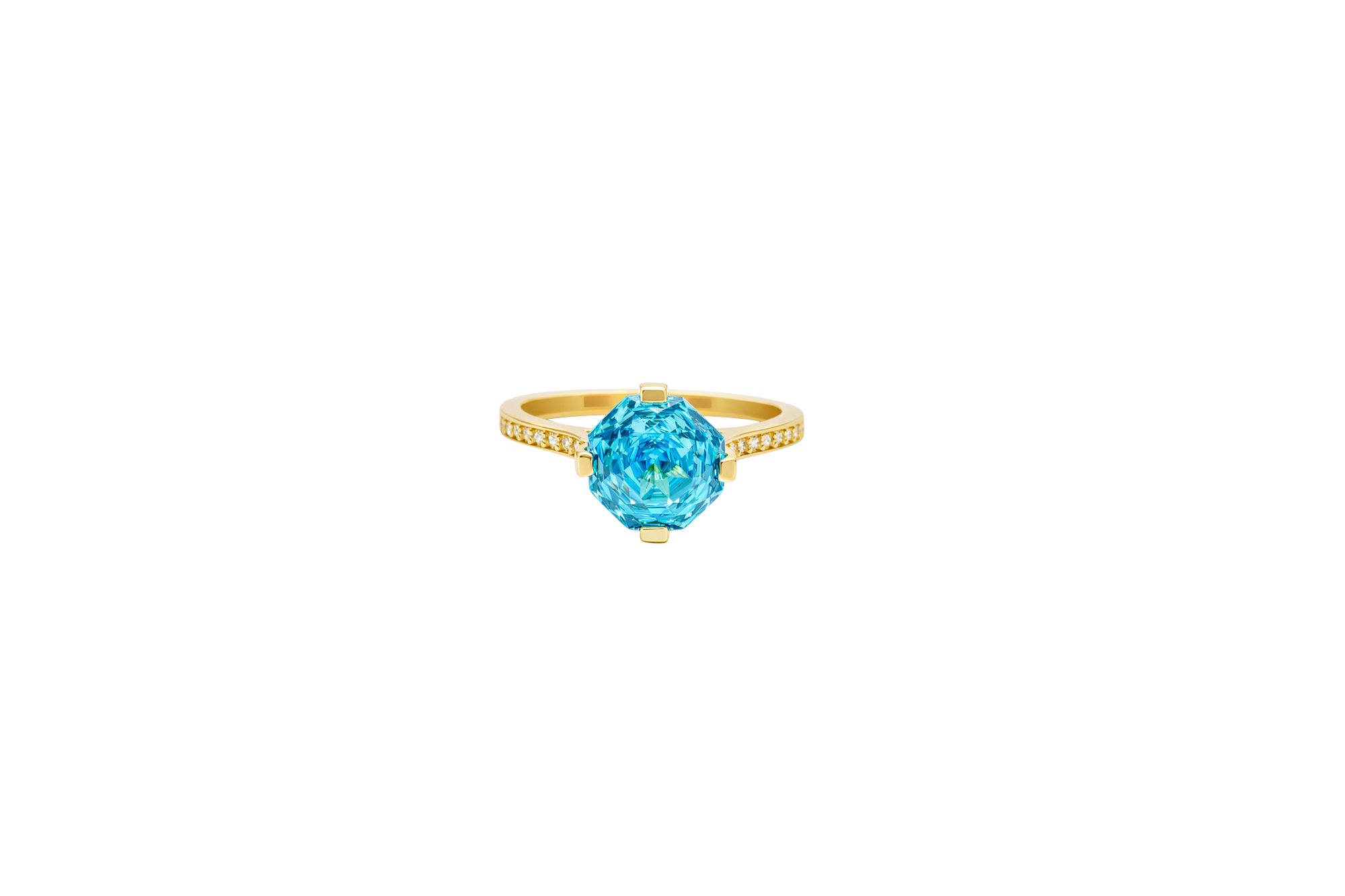 14KT Gold Ring Women's Octagon Rose Mini Four Prong Turquoise CZ Center Stone with Round White Pave CZ Stone Band