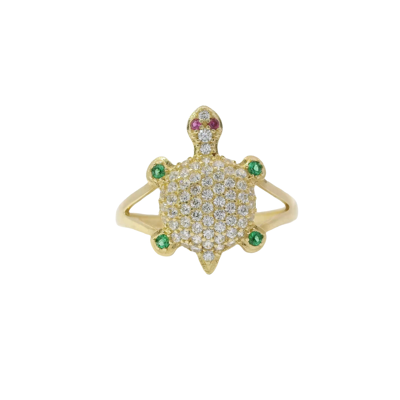 14KT Women's Gold Ring Mini White CZ Stone Turtle Shell with Red CZ Eyes and Green Feet Plain Border Plain Split Band