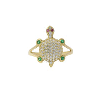 14KT Women's Gold Ring Mini White CZ Stone Turtle Shell with Red CZ Eyes and Green Feet Plain Border Plain Split Band