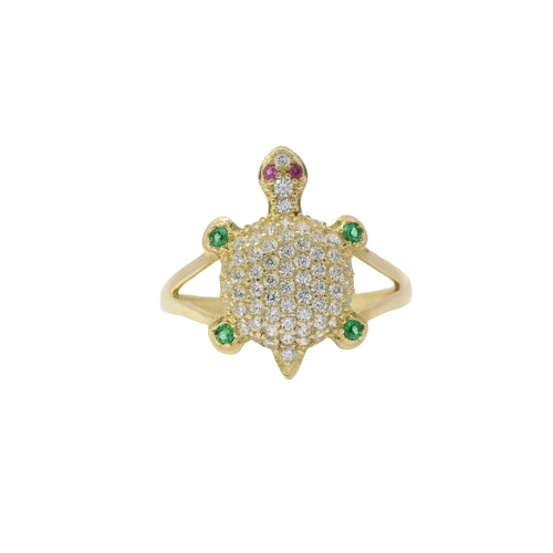 14KT Women's Gold Ring Mini White CZ Stone Turtle Shell with Red CZ Eyes and Green Feet Plain Border Plain Split Band