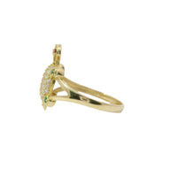 14KT Women's Gold Ring Mini White CZ Stone Turtle Shell with Red CZ Eyes and Green Feet Plain Border Plain Split Band