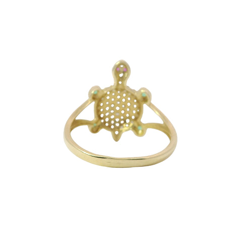14KT Women's Gold Ring Mini White CZ Stone Turtle Shell with Red CZ Eyes and Green Feet Plain Border Plain Split Band