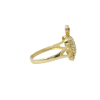 14KT Women's Gold Ring Mini White CZ Stone Turtle Shell with Red CZ Eyes and Green Feet Plain Border Plain Split Band