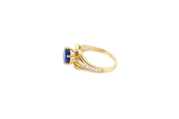 14KT Gold Ring Women's Navy Blue Round 6 Prong Center CZ with White Baguette CZ Band and Plain Lips Border