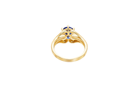 14KT Gold Ring Women's Navy Blue Round 6 Prong Center CZ with White Baguette CZ Band and Plain Lips Border