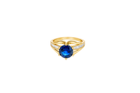 14KT Gold Ring Women's Navy Blue Round 6 Prong Center CZ with White Baguette CZ Band and Plain Lips Border