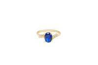14KT Gold Ring Women's Navy Blue Oval Center CZ Stone with 3 High/Low Round White CZ Stones Shoulders and Plain Band