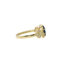 14KT Gold Ring Women's Jumbo Flower Navy Blue Square CZ Stone Center Four Navy Blue CZ Stone Oval Petals with Two White CZ Stone Side Flowers and Borders with Plain Band