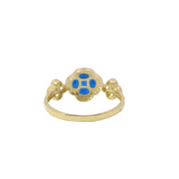 14KT Gold Ring Women's Jumbo Flower Navy Blue Square CZ Stone Center Four Navy Blue CZ Stone Oval Petals with Two White CZ Stone Side Flowers and Borders with Plain Band