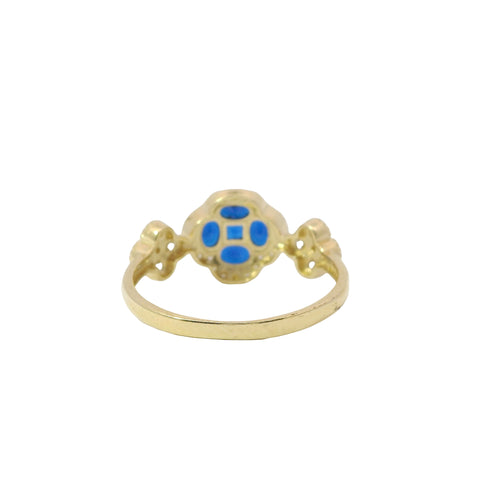 14KT Gold Ring Women's Jumbo Flower Navy Blue Square CZ Stone Center Four Navy Blue CZ Stone Oval Petals with Two White CZ Stone Side Flowers and Borders with Plain Band