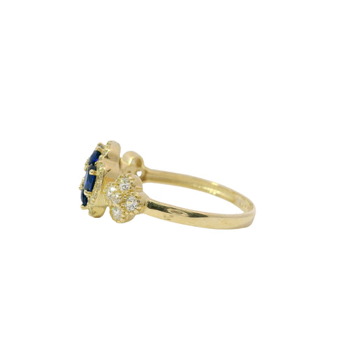 14KT Gold Ring Women's Jumbo Flower Navy Blue Square CZ Stone Center Four Navy Blue CZ Stone Oval Petals with Two White CZ Stone Side Flowers and Borders with Plain Band