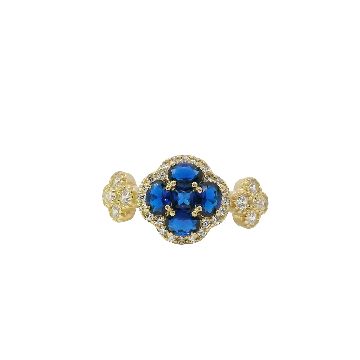 14KT Gold Ring Women's Jumbo Flower Navy Blue Square CZ Stone Center Four Navy Blue CZ Stone Oval Petals with Two White CZ Stone Side Flowers and Borders with Plain Band
