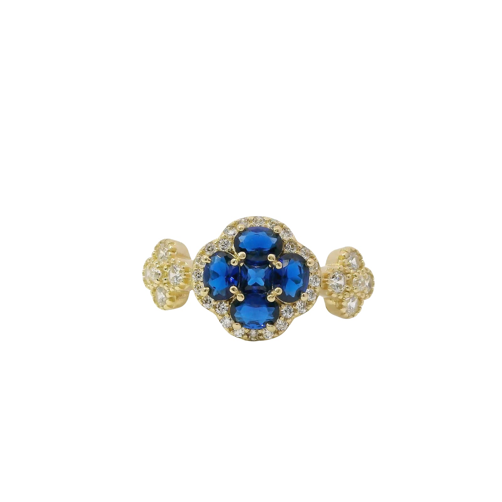 14KT Gold Ring Women's Jumbo Flower Navy Blue Square CZ Stone Center Four Navy Blue CZ Stone Oval Petals with Two White CZ Stone Side Flowers and Borders with Plain Band