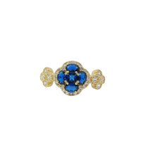 14KT Gold Ring Women's Jumbo Flower Navy Blue Square CZ Stone Center Four Navy Blue CZ Stone Oval Petals with Two White CZ Stone Side Flowers and Borders with Plain Band