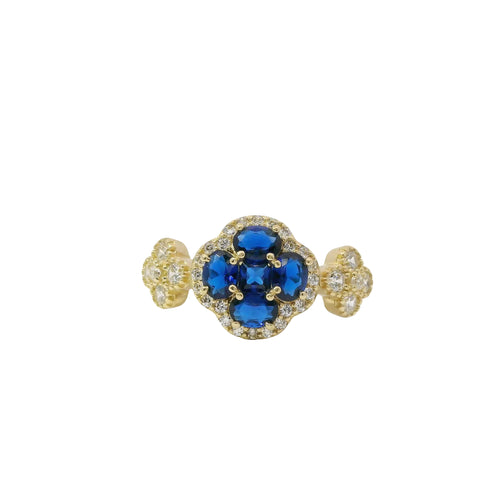 14KT Gold Ring Women's Jumbo Flower Navy Blue Square CZ Stone Center Four Navy Blue CZ Stone Oval Petals with Two White CZ Stone Side Flowers and Borders with Plain Band
