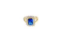 14KT Gold Women's Ring Navy Blue Rectangle Center CZ Stone Double White Round CZ Stones Border Plain Split Band