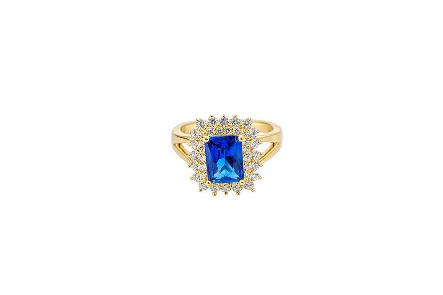 14KT Gold Women's Ring Navy Blue Rectangle Center CZ Stone Double White Round CZ Stones Border Plain Split Band