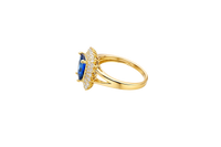 14KT Gold Women's Ring Navy Blue Rectangle Center CZ Stone Double White Round CZ Stones Border Plain Split Band
