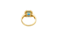 14KT Gold Women's Ring Navy Blue Rectangle Center CZ Stone Double White Round CZ Stones Border Plain Split Band