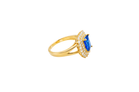 14KT Gold Women's Ring Navy Blue Rectangle Center CZ Stone Double White Round CZ Stones Border Plain Split Band