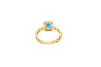 14KT Gold Ring Women's Navy Blue Rectangle Center Stone with White CZ Stone Border and Chino Link Band