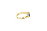 14KT Gold Ring Women's Navy Blue Rectangle Center Stone with White CZ Stone Border and Chino Link Band