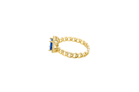 14KT Gold Ring Women's Navy Blue Rectangle Center Stone with White CZ Stone Border and Chino Link Band