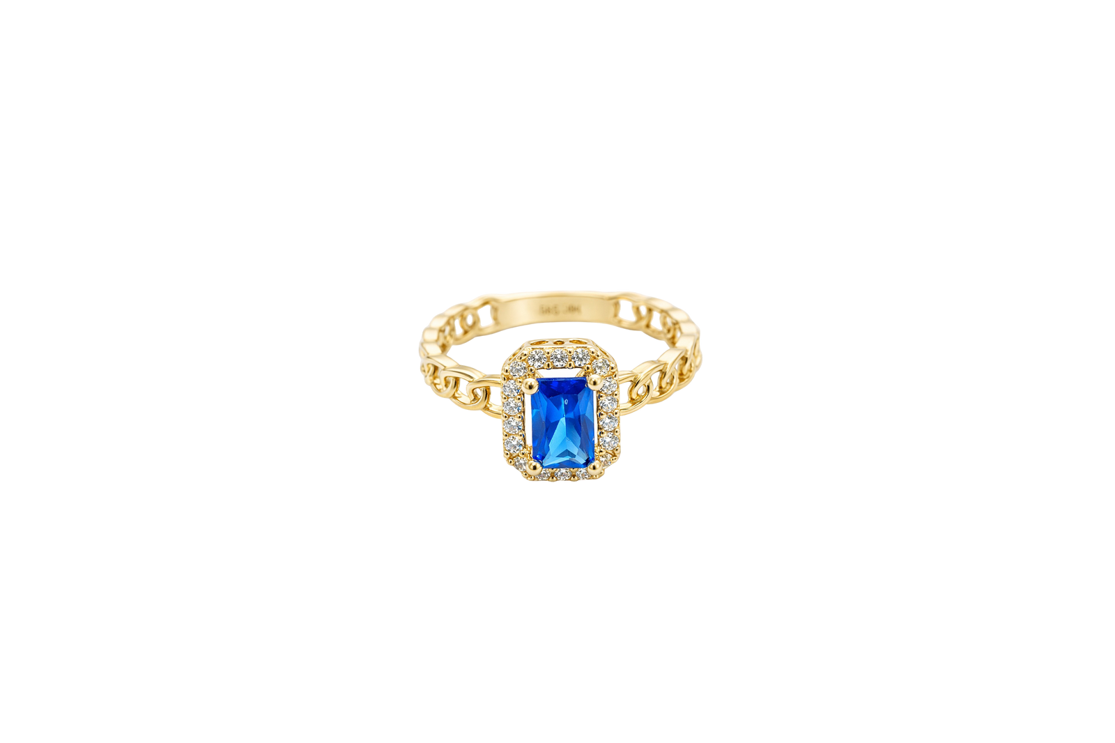 14KT Gold Ring Women's Navy Blue Rectangle Center Stone with White CZ Stone Border and Chino Link Band
