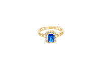 14KT Gold Ring Women's Navy Blue Rectangle Center Stone with White CZ Stone Border and Chino Link Band