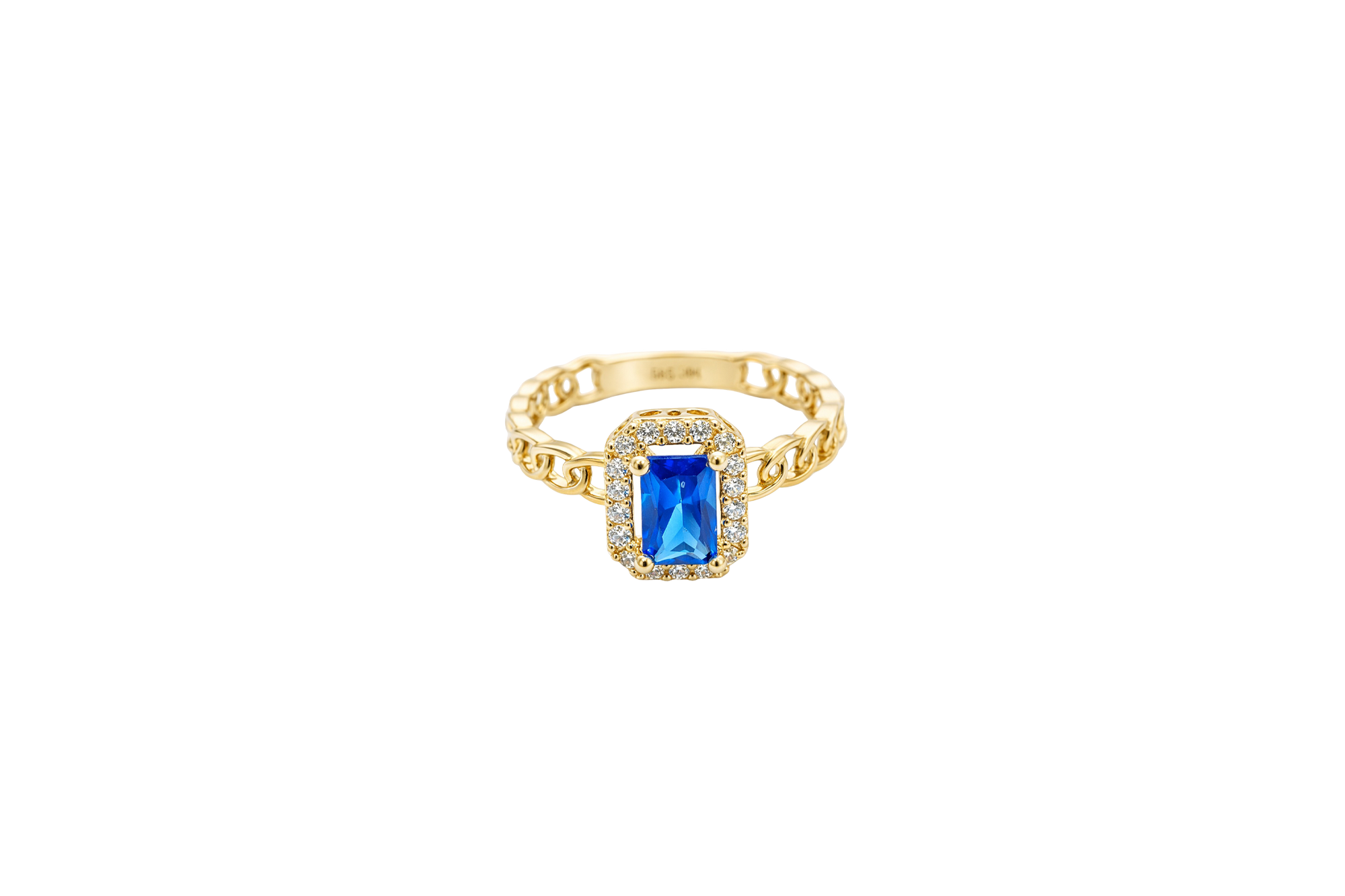 14KT Gold Ring Women's Navy Blue Rectangle Center Stone with White CZ Stone Border and Chino Link Band