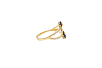 14KT Gold Ring Women's Navy Blue Round 4 Petal Flower White CZ Stones Split Band