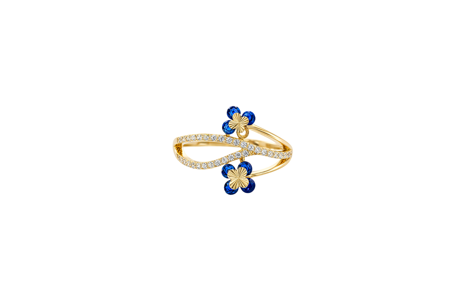 14KT Gold Ring Women's Navy Blue Round 4 Petal Flower White CZ Stones Split Band
