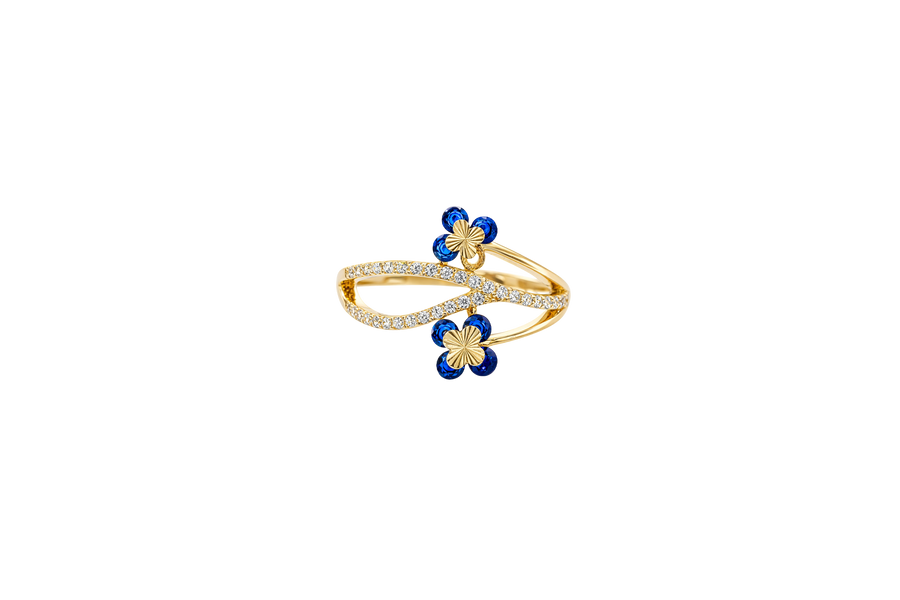 14KT Gold Ring Women's Navy Blue Round 4 Petal Flower White CZ Stones Split Band